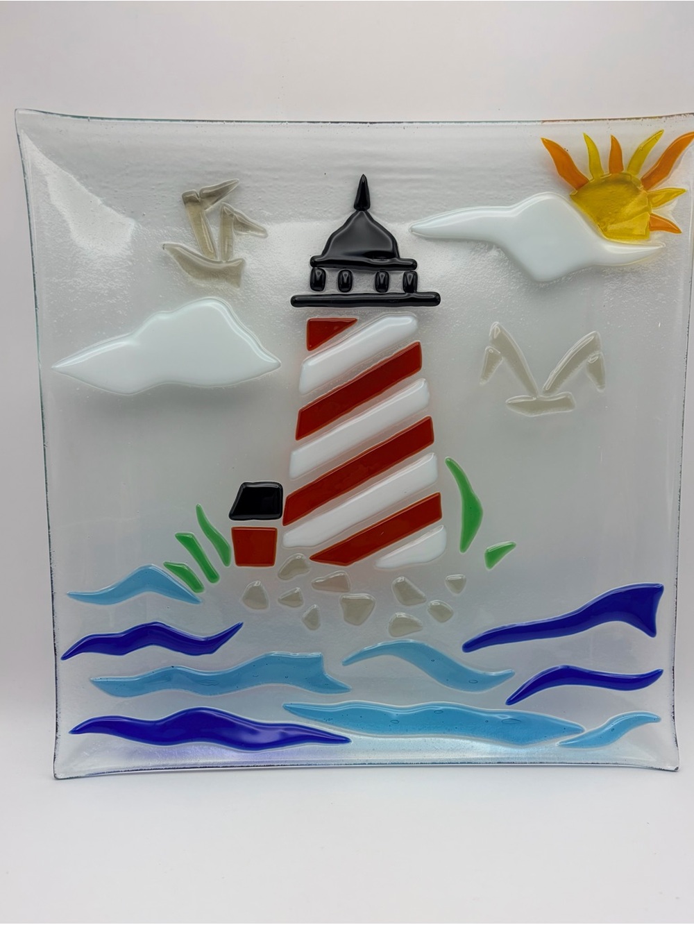 Fused Art Glass, Square Plate, Lighthouse Coastal Scene, Approx. 12” square